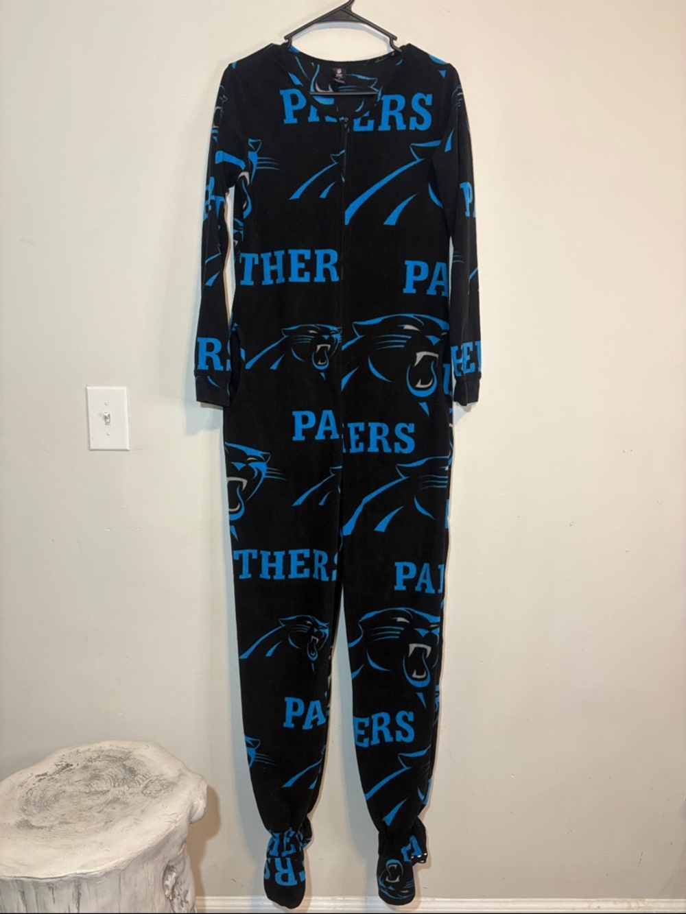 Carolina Panthers NFL Football Fleece Footed Onesie Pajamas / Union Suit Adult S
